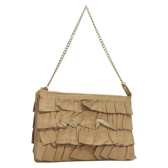 CHANEL Frill Chain Hand Bag Lamb Skin Beige Gold CC Auth yk18806 - Picture 1 of 16